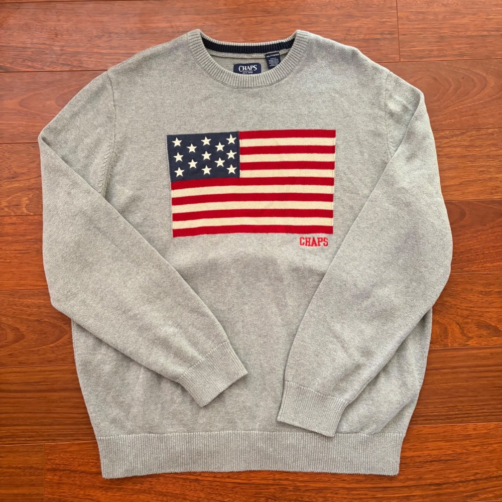 Chaps Mens American Flag Sweater XXL Gray Crewneck Knit Pullover Americana Logo